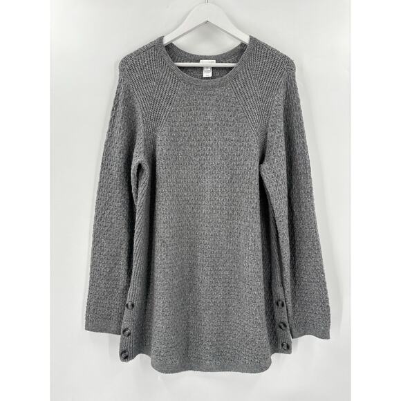J. Jill Sweater Womens Medium Tall Gray Pullover Crewneck Button Sides Cotton - Picture 1 of 16